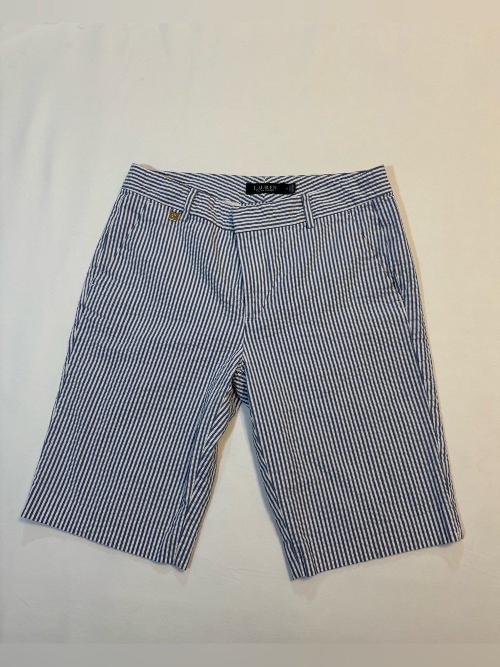 Lauren Ralph Lauren Navy and White Seersucker Flat-Front Shorts
